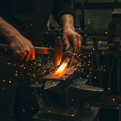 A close-up of a Japanese blacksmith forging a katana, with sparks flying as the molten steel is hammered into shape. A powerful display of traditional craftsmanship and precision.

