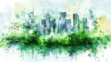 Obraz premium Green Cityscape: Urban Skyline Emerges from Lush Greenery Watercolor Painting