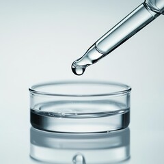 Dropper releasing liquid into a petri dish, white isolated background.