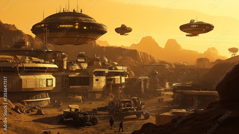 Poster A distant planetary colony with high-tech buildings and floating vehicles
