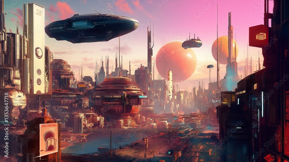 Poster a distant planetary colony with high-tech buildings and floating vehicles