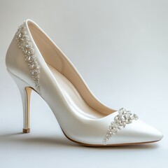 Obraz premium Elegant white high-heeled shoe with intricate design, white isolated background.