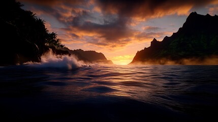 Fiery Sunset over Tropical Ocean and Dramatic Cliffs