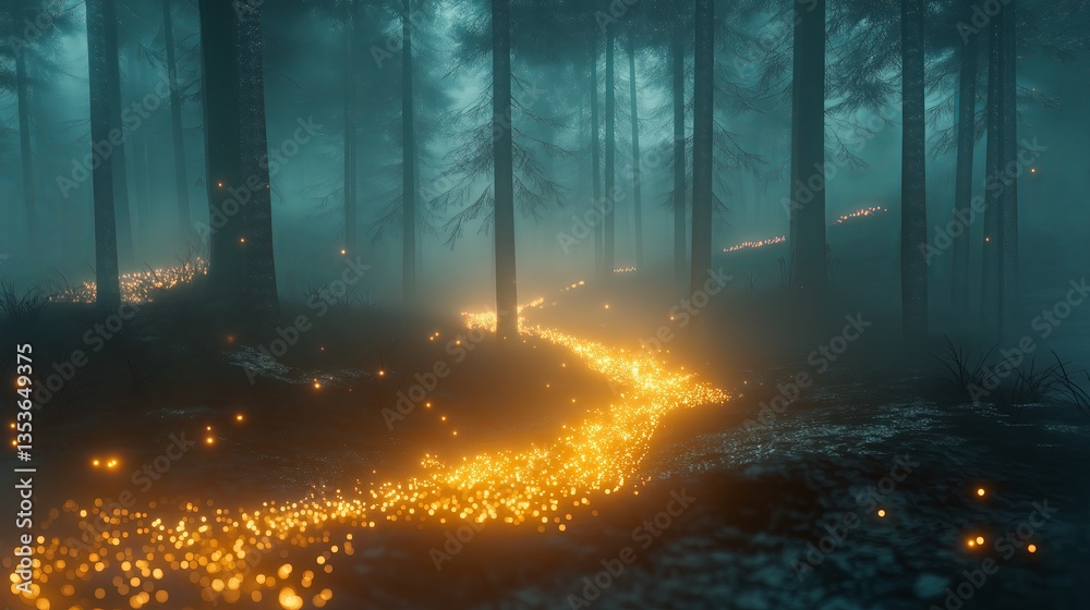Poster a foggy pine forest with a mysterious glowing path leading inside.