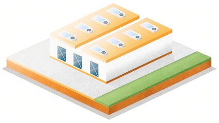Green Tech Concept. Modern Low Poly Building Design Isometric View of a Clean, Minimalist Structure with Orange Roof and Green Landscaping