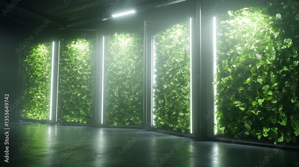 Poster indoor vertical gardens with illuminated green walls create a serene atmosphere.