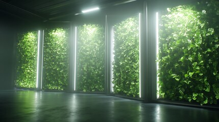 Indoor vertical gardens with illuminated green walls create a serene atmosphere.