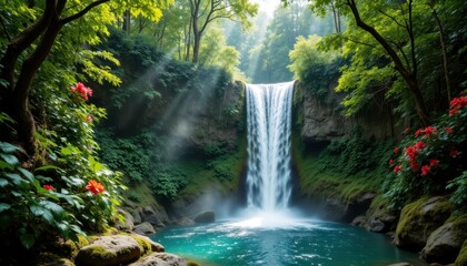 Tropical Rainforest Waterfall Depict a vibrant tropical rainforest featuring a cascading waterfall surrounded by exotic plants and flowers