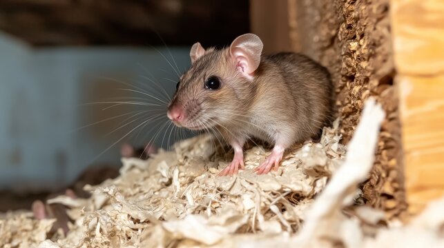 Rat infestation Concept, Close-Up View of Rats Burrowing Into Pile of Shredded Insulation in Attic Space