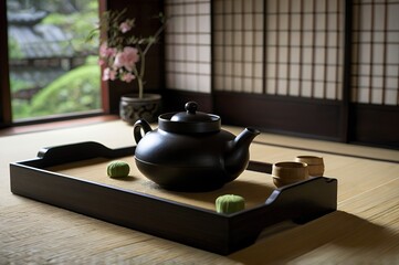 A serene Japanese tea ceremony in a tatami room, where a tea master in kimono gracefully prepares matcha. Soft lighting enhances the tranquil and cultural ambiance.