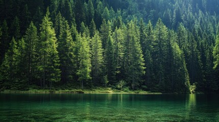 Serene Mountain Lake: Emerald Waters Reflecting Lush Pine Forest