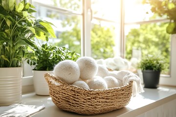 White laundry dryer balls sit inside a wicker basket near plants