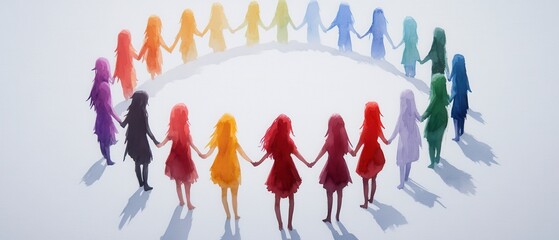 Fototapeta premium A colorful circle of diverse figures holding hands, symbolizing unity and togetherness in a harmonious setting.