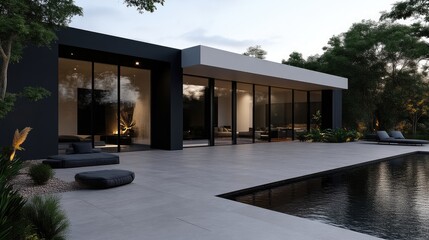 Fototapeta premium Modern home with outdoor pool and patio area