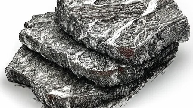 Detailed sketch of three stacked beef cuts showcasing marbling and texture
