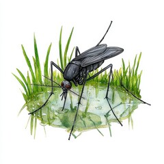 Black Mosquito Drinking Water in Grassy Puddle Watercolor Illustration