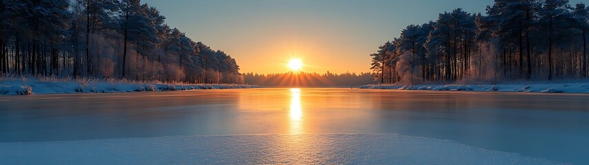 Obraz premium A beautiful winter sunrise illuminating a frozen lake and trees