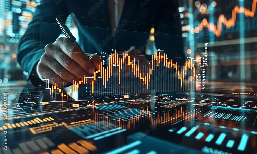 Poster abstract financial chart analysis with hand hovering over holographic display in dark business setti