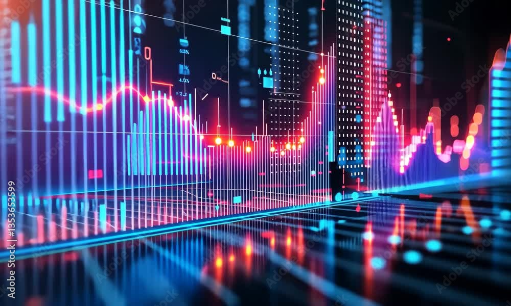 Poster abstract financial chart with red and blue lines on dark background for data analysis and stock mark