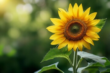 Fototapeta premium Close-up of sunflower with seeds, vibrant yellow petals, dark center, green leaves. Concept of sunflower with seeds and farming, creating serene atmosphere with soft light.