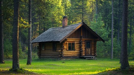 Fototapeta premium Secluded wooden cabin nestled amidst a tranquil pine forest on a lush green lawn