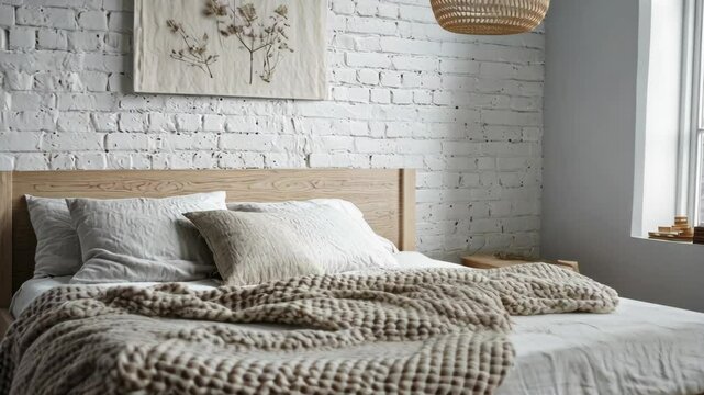 Cozy winter morning in a bright minimalist bedroom with soft natural textures