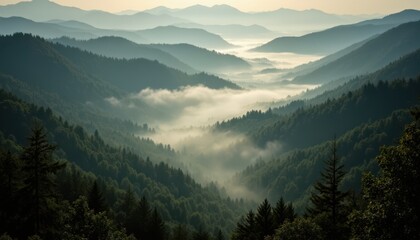 Valley with Fog and Sunlight Show a deep valley at dawn where fog rolls through the trees, illuminated by soft sunlight filtering through the branches, creating an ethereal