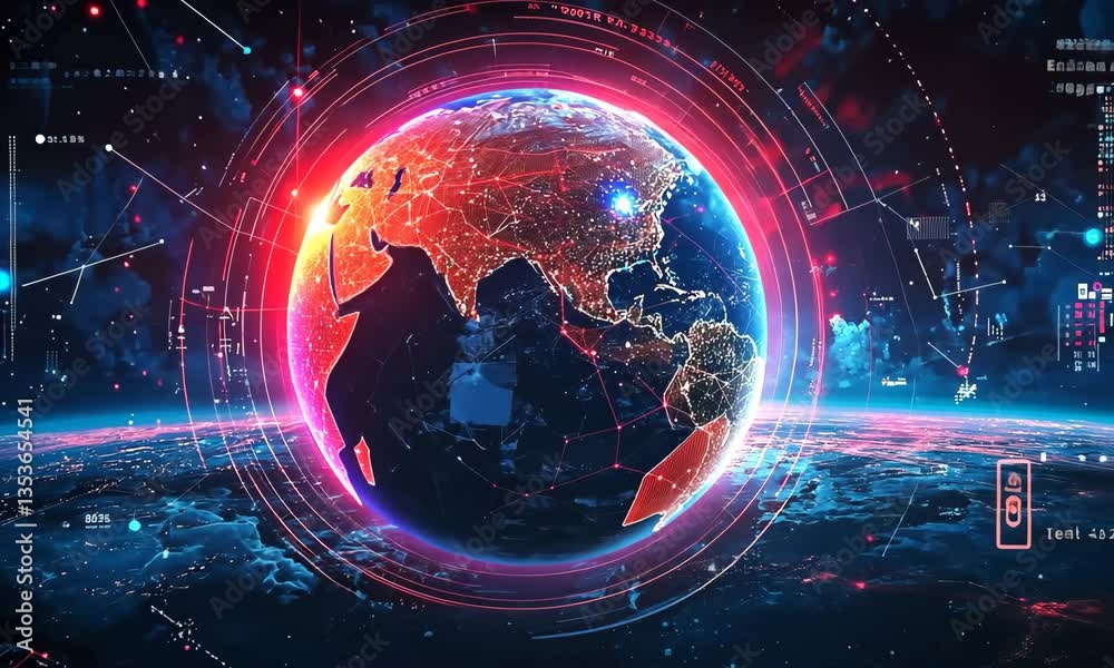 Poster abstract rendering of earth with glowing network overlays and technological elements with a dark blu