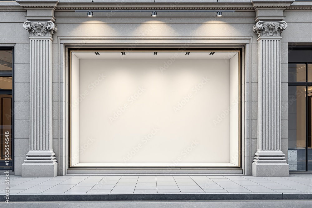 Poster Empty storefront display window with classical architectural columns.