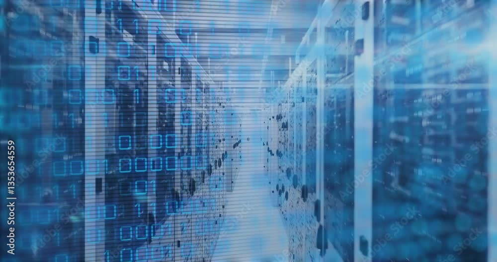 Poster animation of binary code overlaying futuristic server racks in data center
