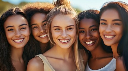Fototapeta premium Young Multicultural Women Group Portrait Smiling Together Outdoors