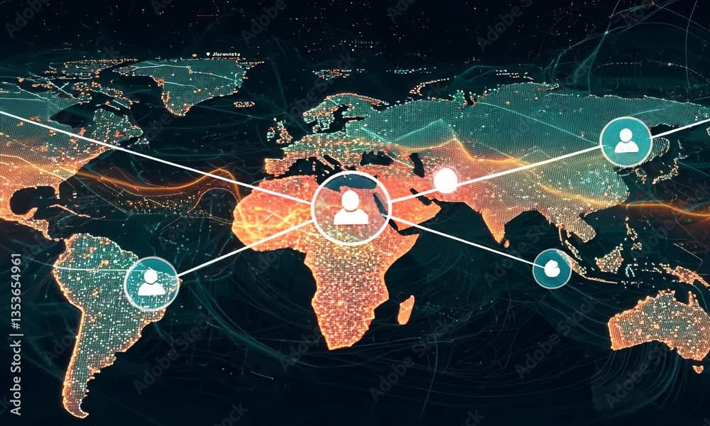 Poster Abstract World Map of Global Network Connection on Dark Background