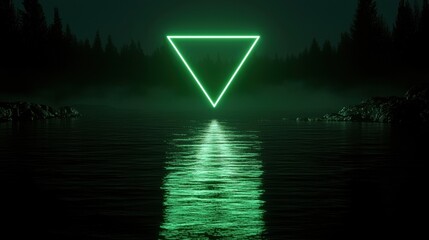A green triangle is reflected in the water.