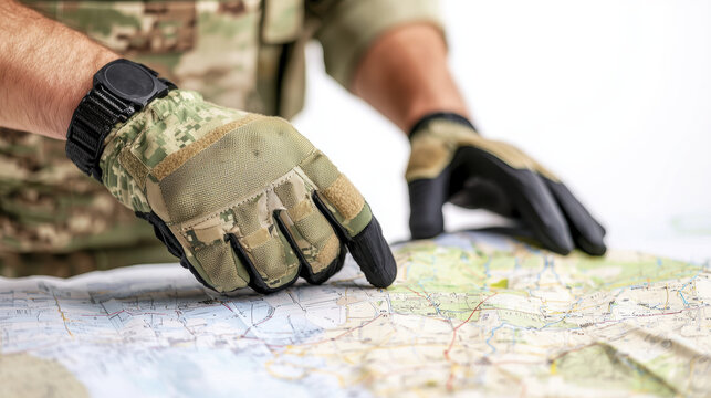 Military gloves and map soldier planning tactical gear camouflage hands on map military strategy navigation outdoor teamwork focus