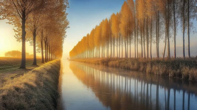 Serene Canal Landscape with Poplar Trees Reflecting Golden Light at Sunrise - Powered by Adobe