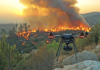 An aerial drone observes a wildfire raging in the distance at dusk