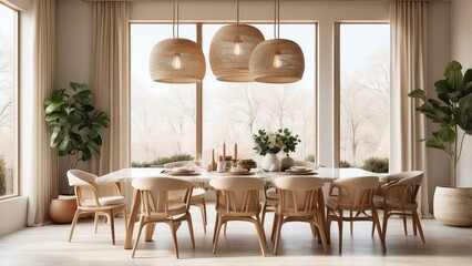 Fototapeta premium A well-lit dining room with large windows allowing natural light to ente