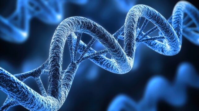 Close up of DNA strand showcasing its intricate structure and vibrant blue hues, symbolizing complexity of genetic information and biological processes