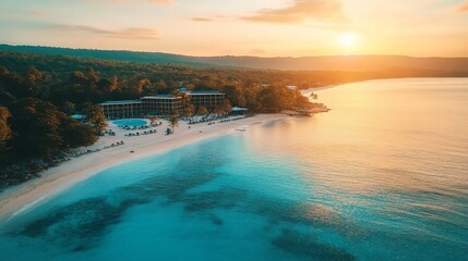 Tropical Paradise: Aerial View of a Luxury Resort at Golden Hour Sunset