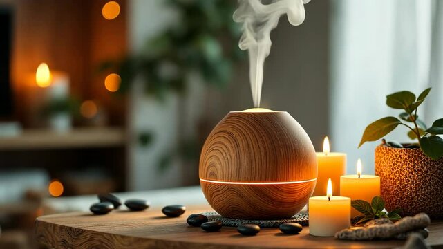 Calm aromatherapy: wooden diffuser releasing soothing mist by candlelight