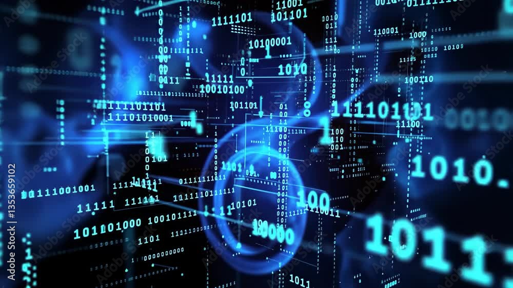 Fototapete Futuristic digital data flow with binary code and abstract technology animation