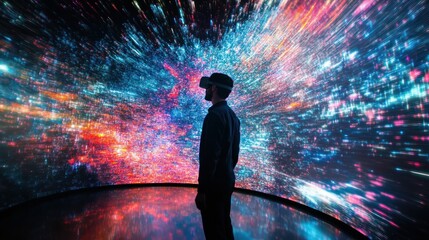 Immersive experience: Man using virtual reality headset to explore digital space