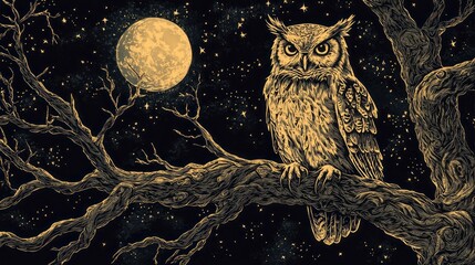 Majestic owl perched on gnarled branch under full moon, surrounded by starry night sky. Ideal for nature enthusiasts and mystical themes in illustrations.