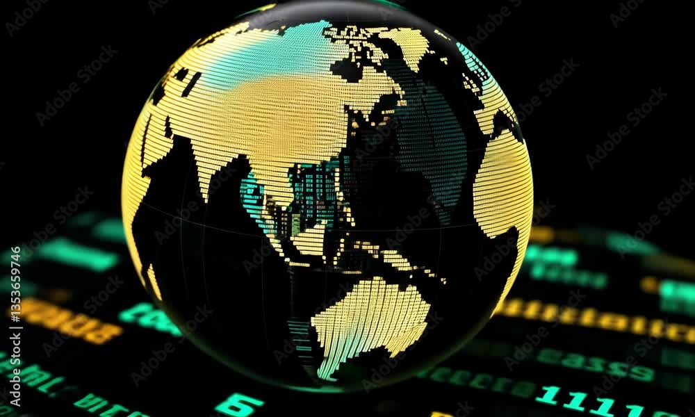 Poster data stream world globe with intricate network texture on black background with green code display f