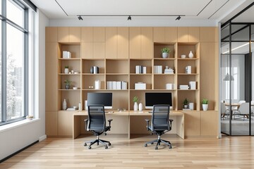 Modern home office interior with wooden built-in shelves, dual workstation, ergonomic chairs, and large windows allowing natural light.