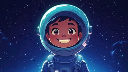 Young astronaut smiling in a starry space background, showcasing joy and wonder in a cosmic adventure