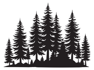 pine tree forest silhouette, Fir trees silhouette llustration on white background , black evergreen woods vector illustration, pine wood  
