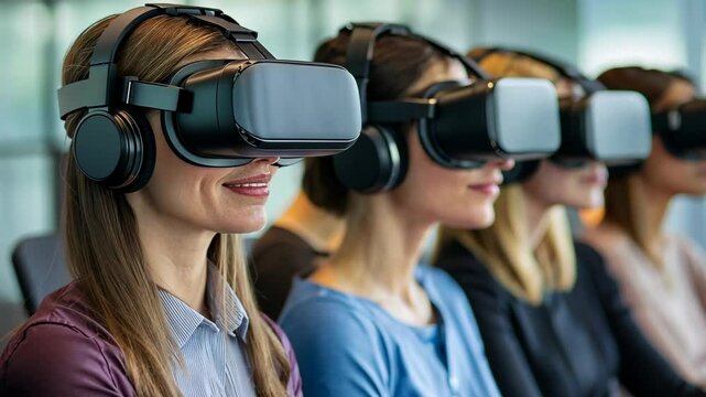 Virtual reality experience captivates a diverse group of participants in a modern setting
