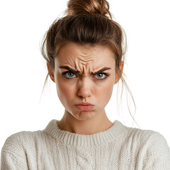 A Woman with a Concerned Expression and Hands on Her Face Isolated on Transparent Background