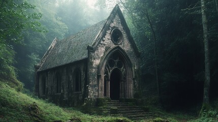Mystical Chapel Enshrouded in Foggy Forest: A Gothic Architecture Scene